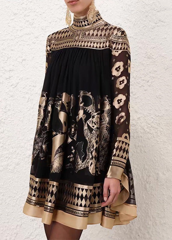 French Black Plaid Print Silk Mid Dress Batwing Sleeve