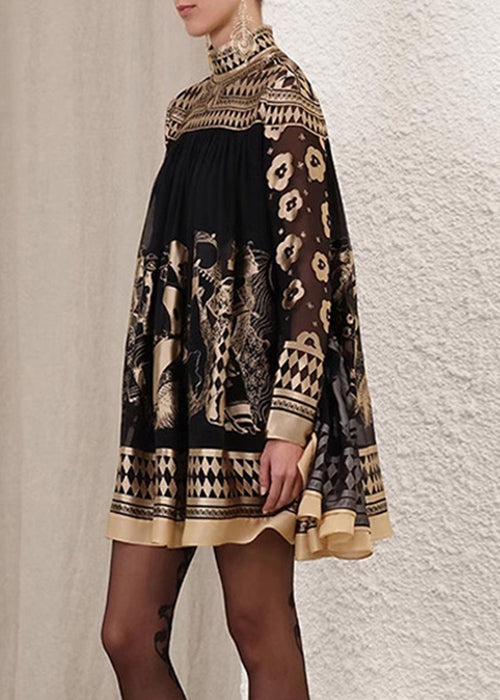 French Black Plaid Print Silk Mid Dress Batwing Sleeve