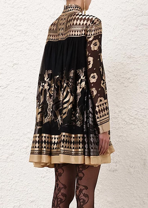 French Black Plaid Print Silk Mid Dress Batwing Sleeve