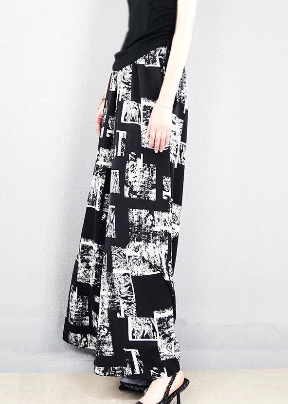French Black Print Pockets Elastic Waist Silk Pants Summer