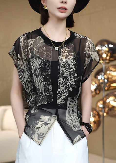 French Black Print Side Open Chiffon Shirt Top Summer