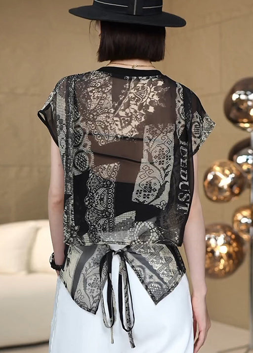 French Black Print Side Open Chiffon Shirt Top Summer