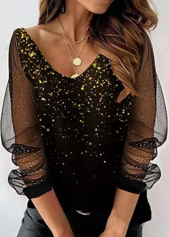 French Black Print Tulle Patchwork T Shirt Fall