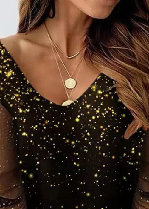 French Black Print Tulle Patchwork T Shirt Fall