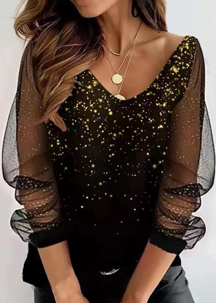 French Black Print Tulle Patchwork T Shirt Fall