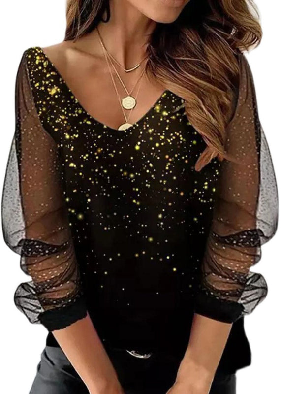 French Black Print Tulle Patchwork T Shirt Fall