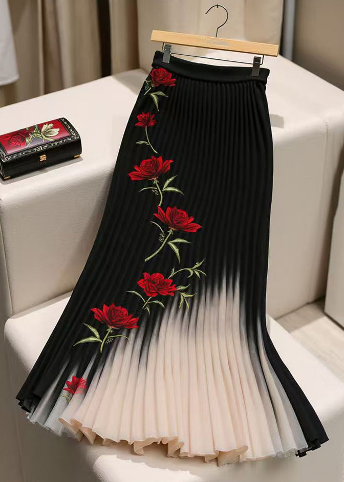 French Black Print Wrinkled Elastic Waist Chiffon Skirt Spring