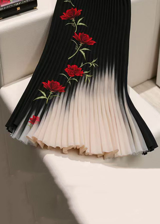 French Black Print Wrinkled Elastic Waist Chiffon Skirt Spring