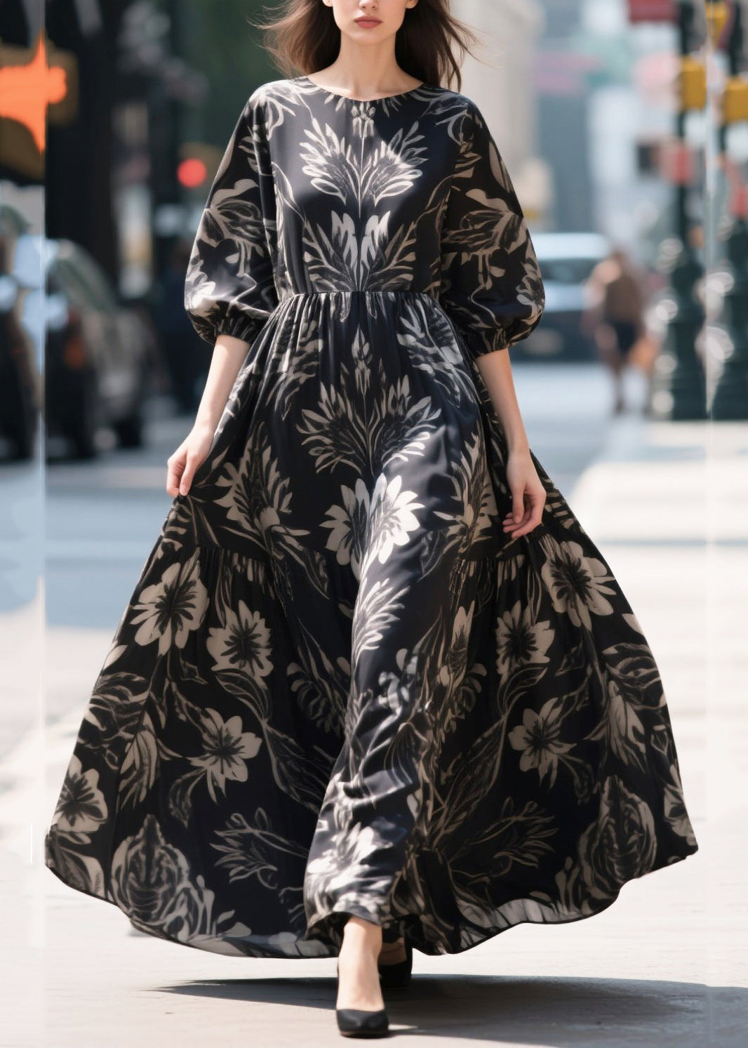 French Black Puff Sleeve Print Chiffon Ankle Dress