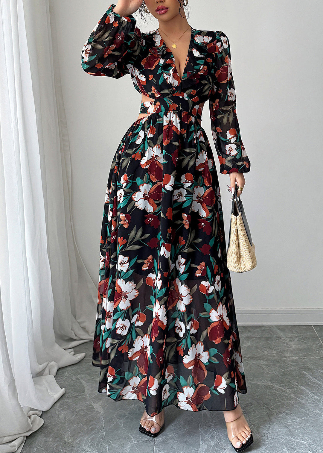 French Black Puff Sleeve Print Hollow Out Chiffon Long Dresses