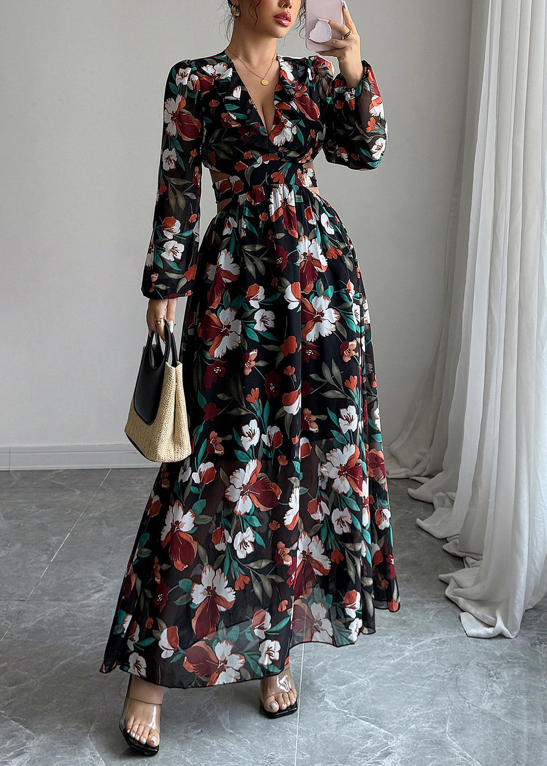 French Black Puff Sleeve Print Hollow Out Chiffon Long Dresses