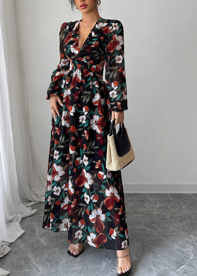 French Black Puff Sleeve Print Hollow Out Chiffon Long Dresses