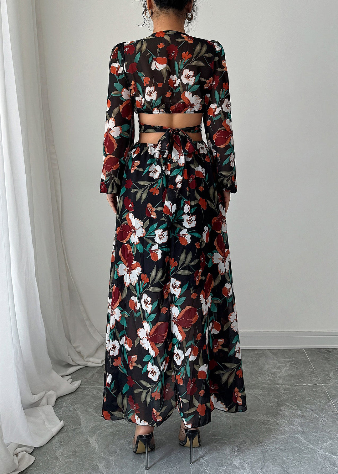 French Black Puff Sleeve Print Hollow Out Chiffon Long Dresses