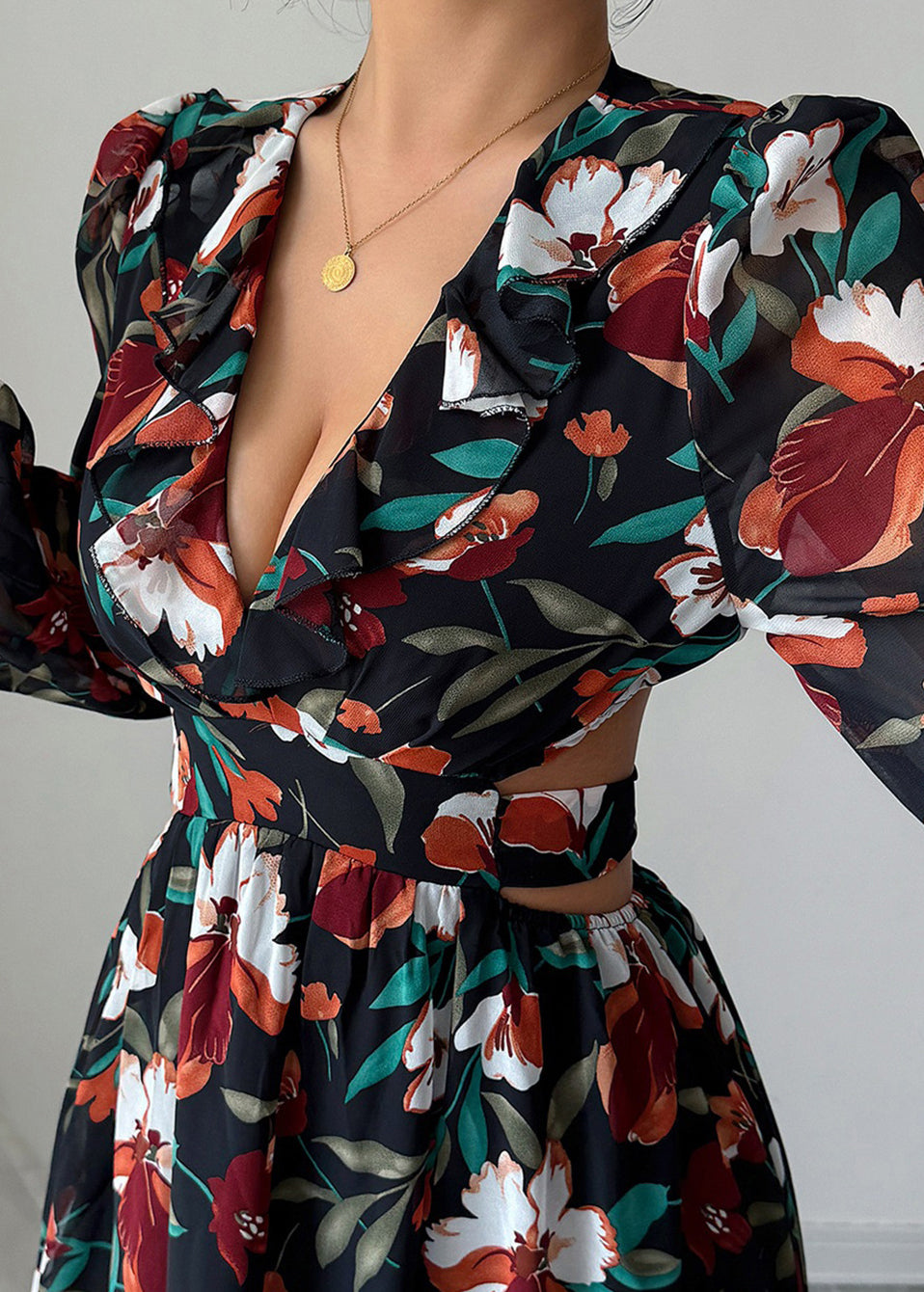 French Black Puff Sleeve Print Hollow Out Chiffon Long Dresses