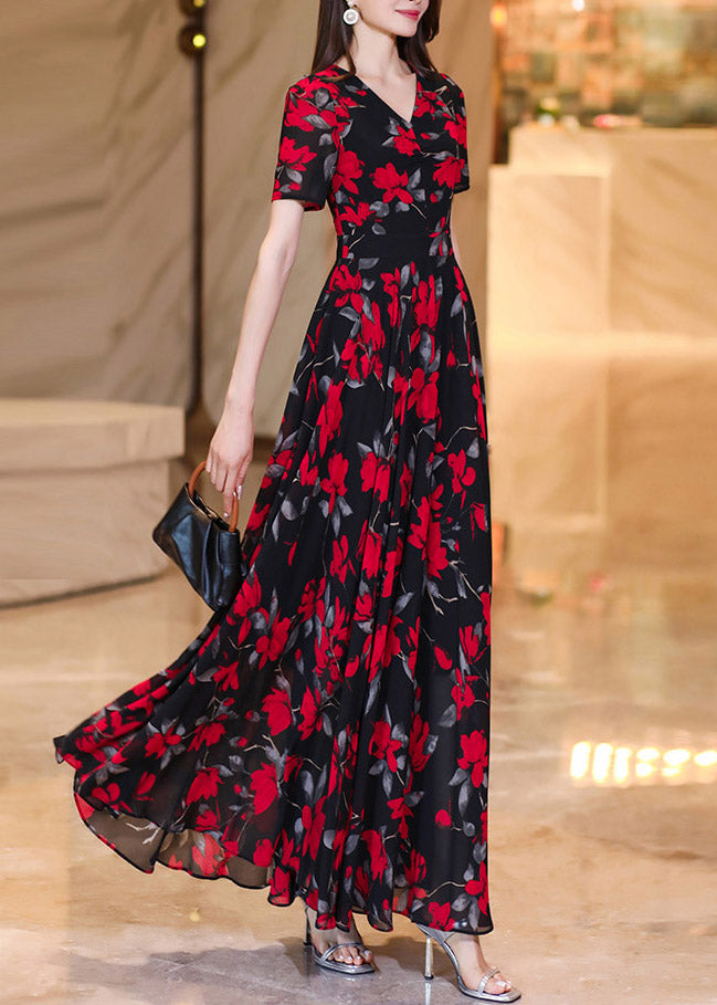 French Black Red V Neck Print Chiffon Long Dresses Summer