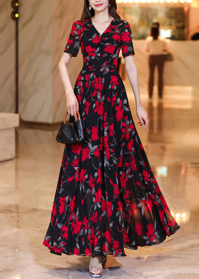 French Black Red V Neck Print Chiffon Long Dresses Summer