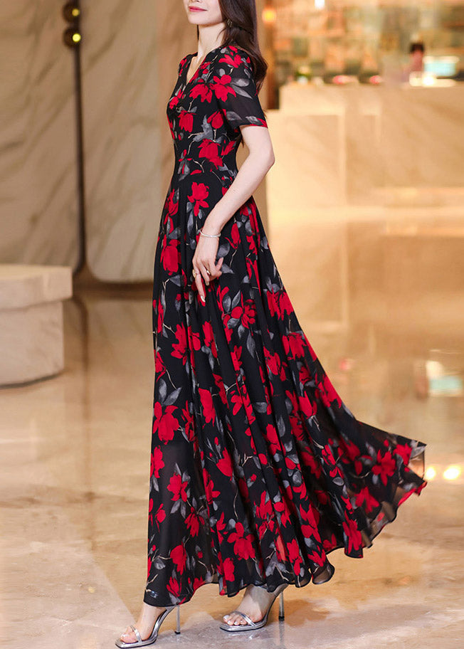 French Black Red V Neck Print Chiffon Long Dresses Summer