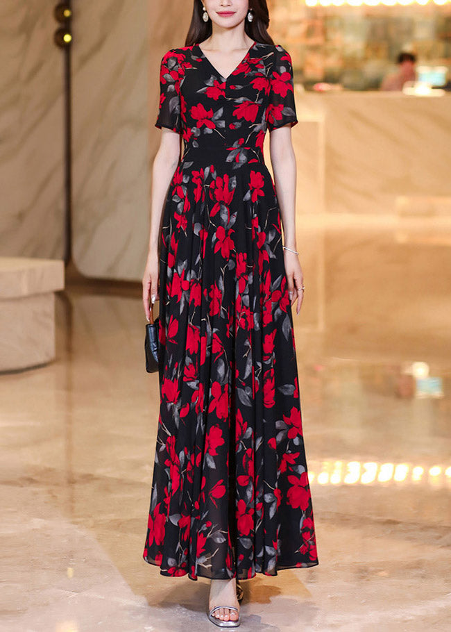 French Black Red V Neck Print Chiffon Long Dresses Summer