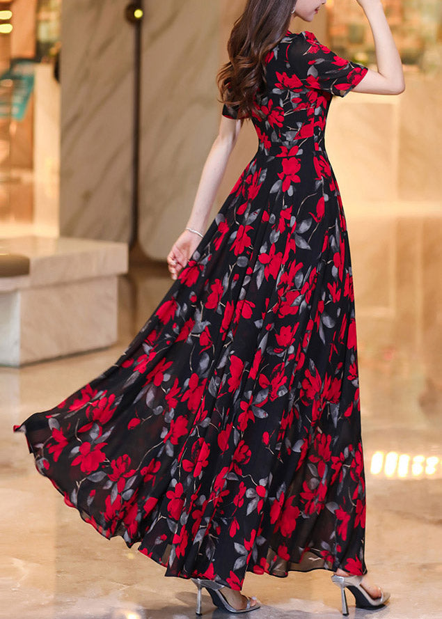 French Black Red V Neck Print Chiffon Long Dresses Summer