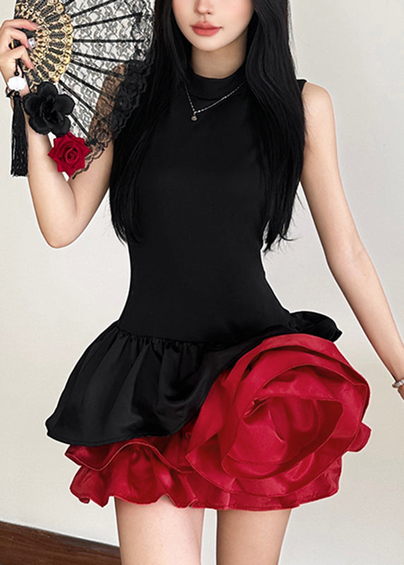 French Black Rose Floral Mid Dresses Sleeveless