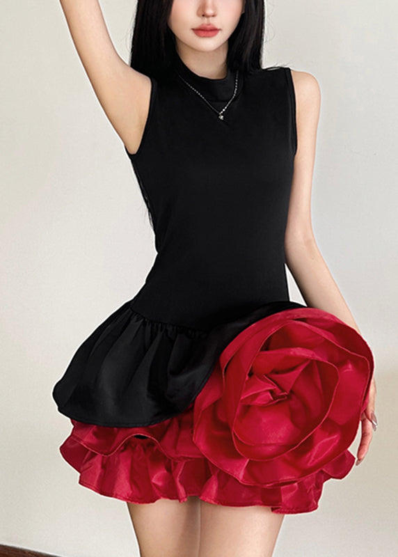 French Black Rose Floral Mid Dresses Sleeveless