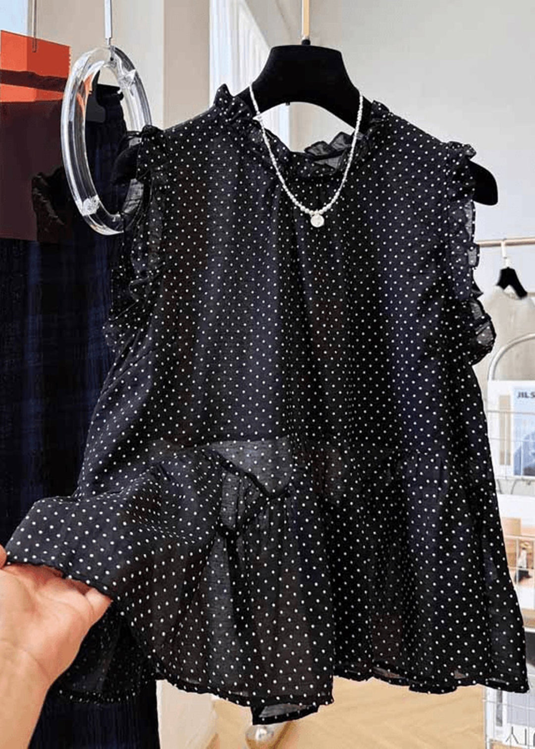 French Black Ruffled Dot Print Cotton Shirt Top Summer