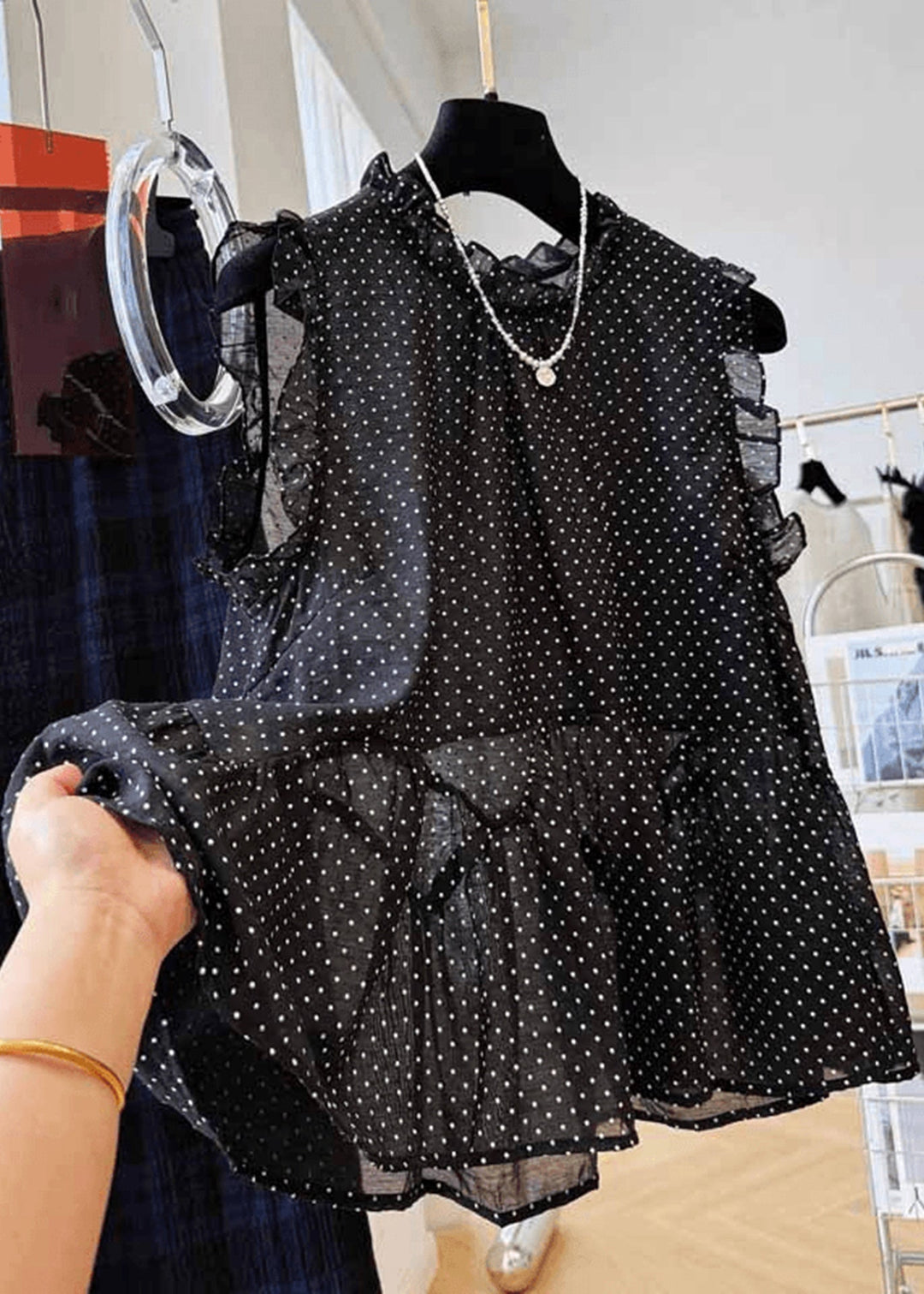 French Black Ruffled Dot Print Cotton Shirt Top Summer