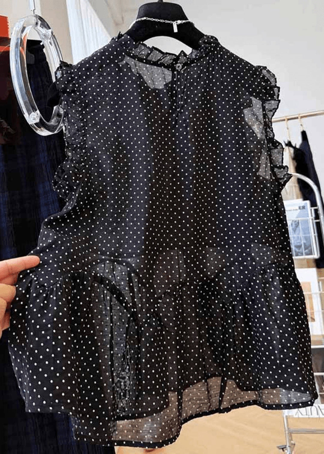 French Black Ruffled Dot Print Cotton Shirt Top Summer