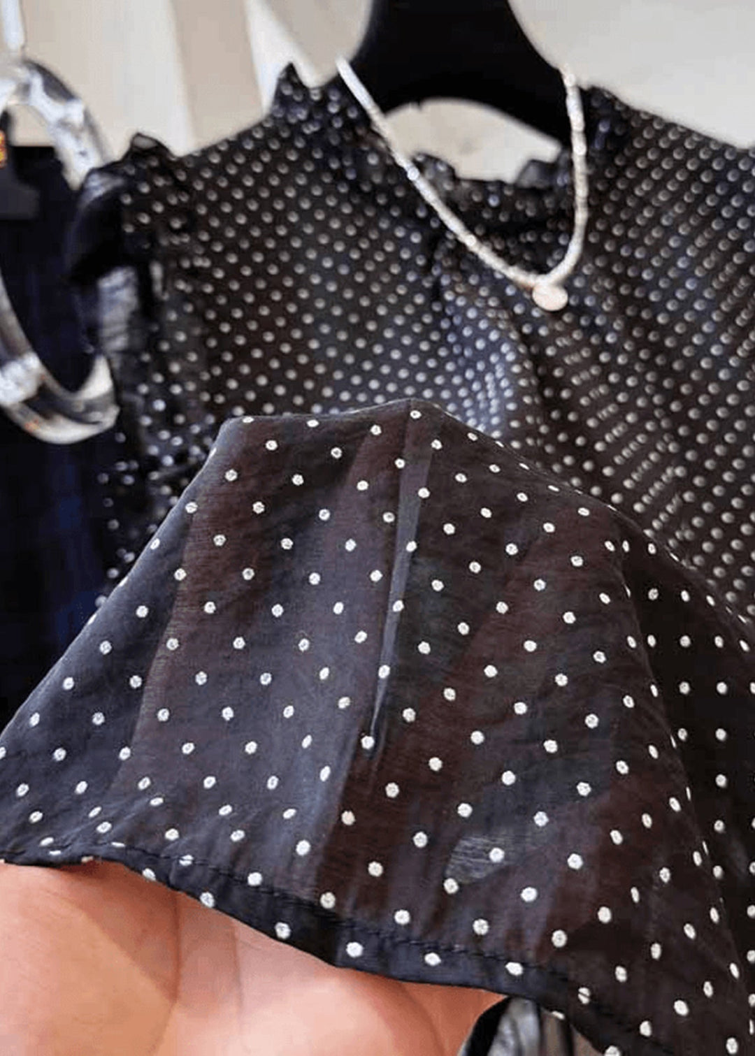 French Black Ruffled Dot Print Cotton Shirt Top Summer