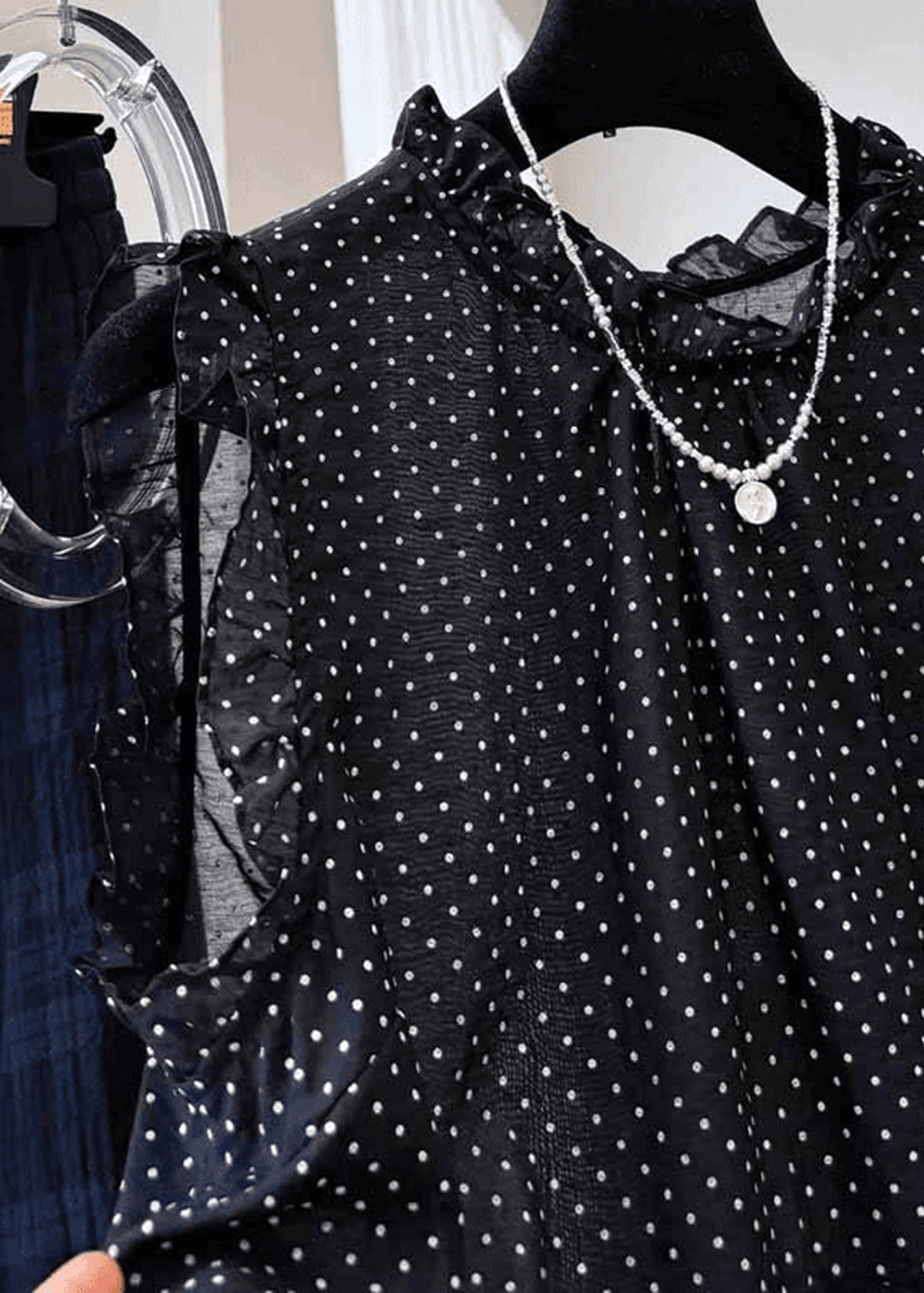 French Black Ruffled Dot Print Cotton Shirt Top Summer