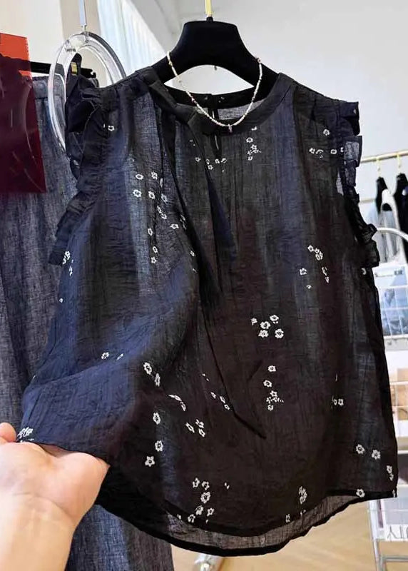 French Black Ruffled Embroidered Cotton Top Summer