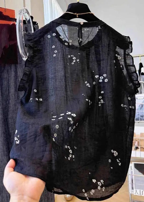 French Black Ruffled Embroidered Cotton Top Summer