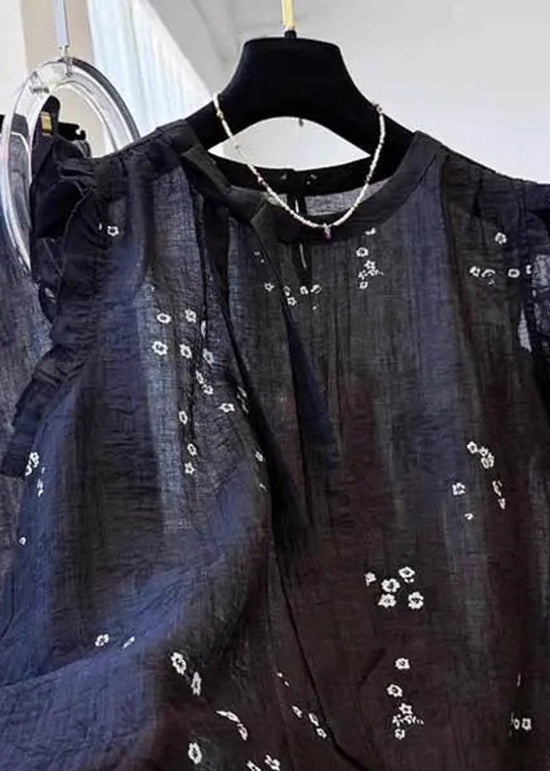 French Black Ruffled Embroidered Cotton Top Summer