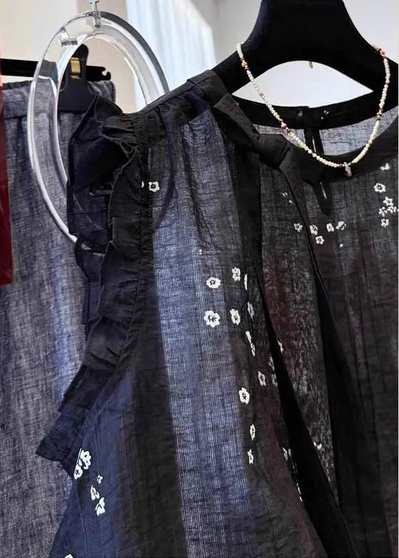 French Black Ruffled Embroidered Cotton Top Summer