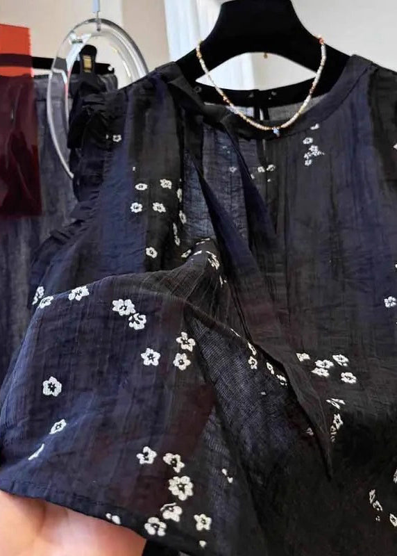 French Black Ruffled Embroidered Cotton Top Summer