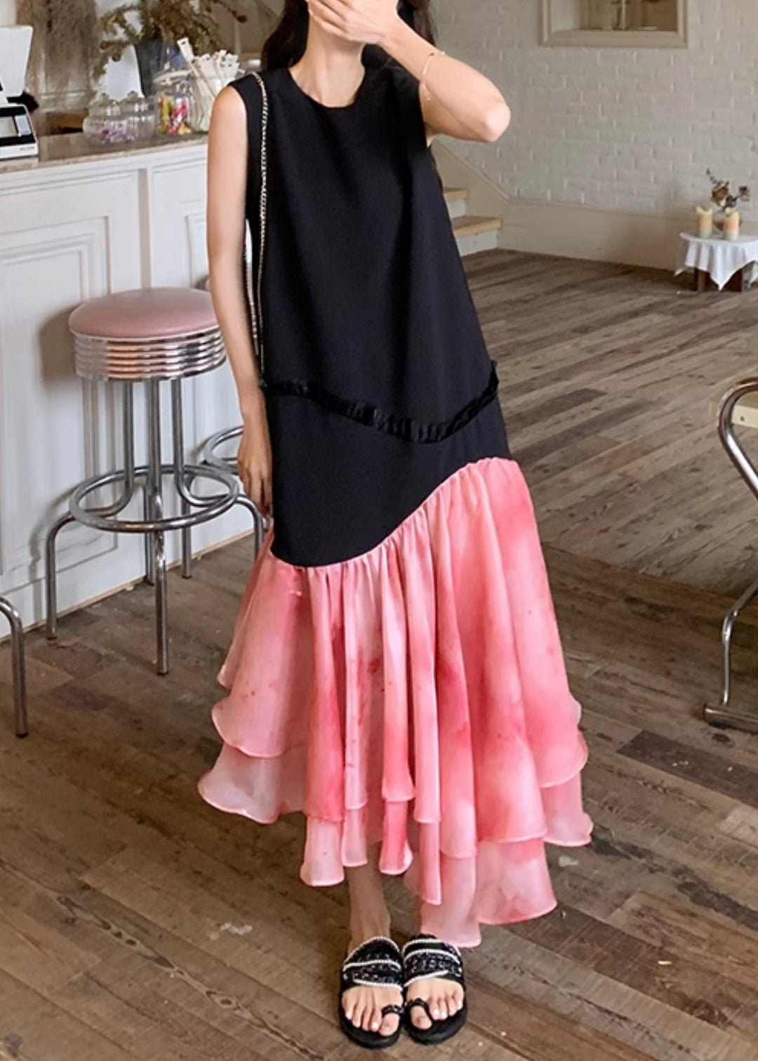 French Black Ruffled Patchwork Cotton Long Dresses Sleeveless