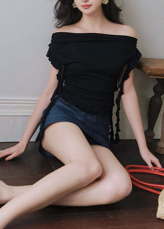 French Black Ruffled Patchwork Cotton T Shirt Tops Summer