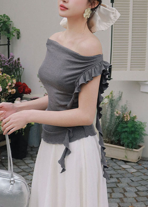 French Black Ruffled Patchwork Cotton T Shirt Tops Summer