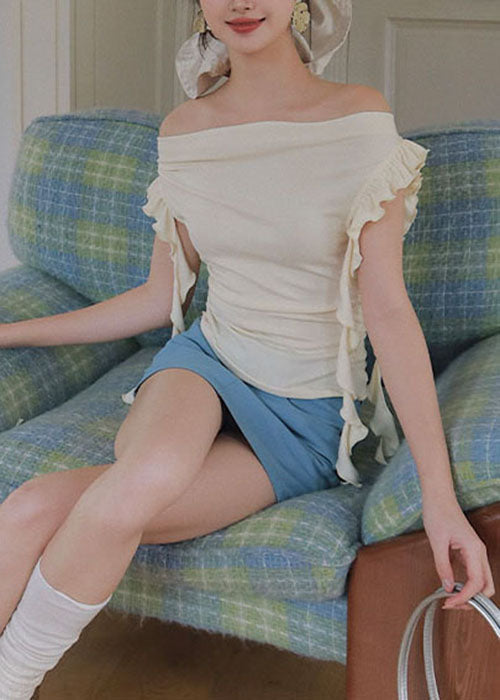 French Black Ruffled Patchwork Cotton T Shirt Tops Summer