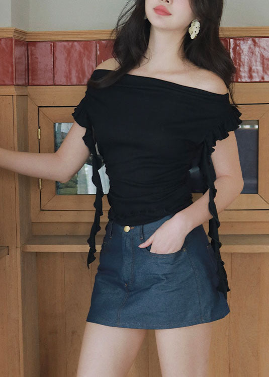 French Black Ruffled Patchwork Cotton T Shirt Tops Summer