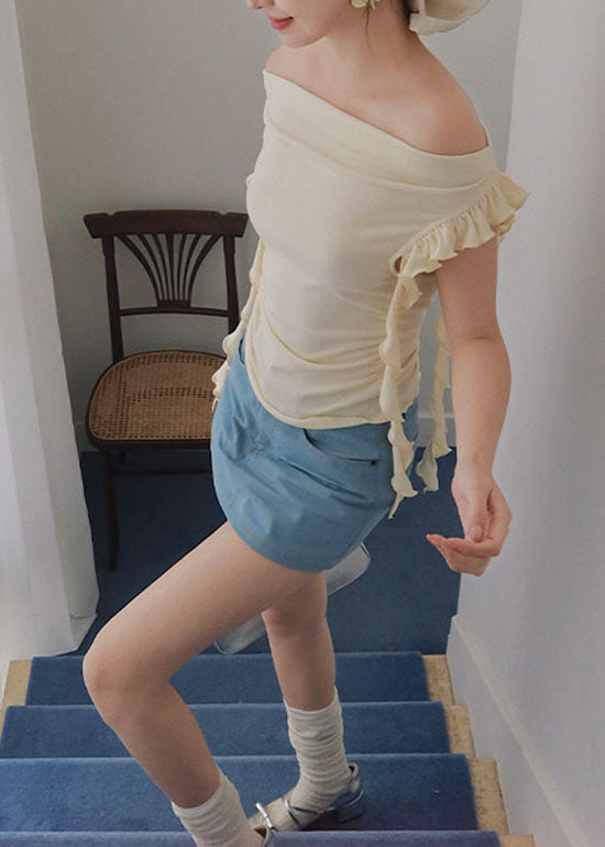 French Black Ruffled Patchwork Cotton T Shirt Tops Summer