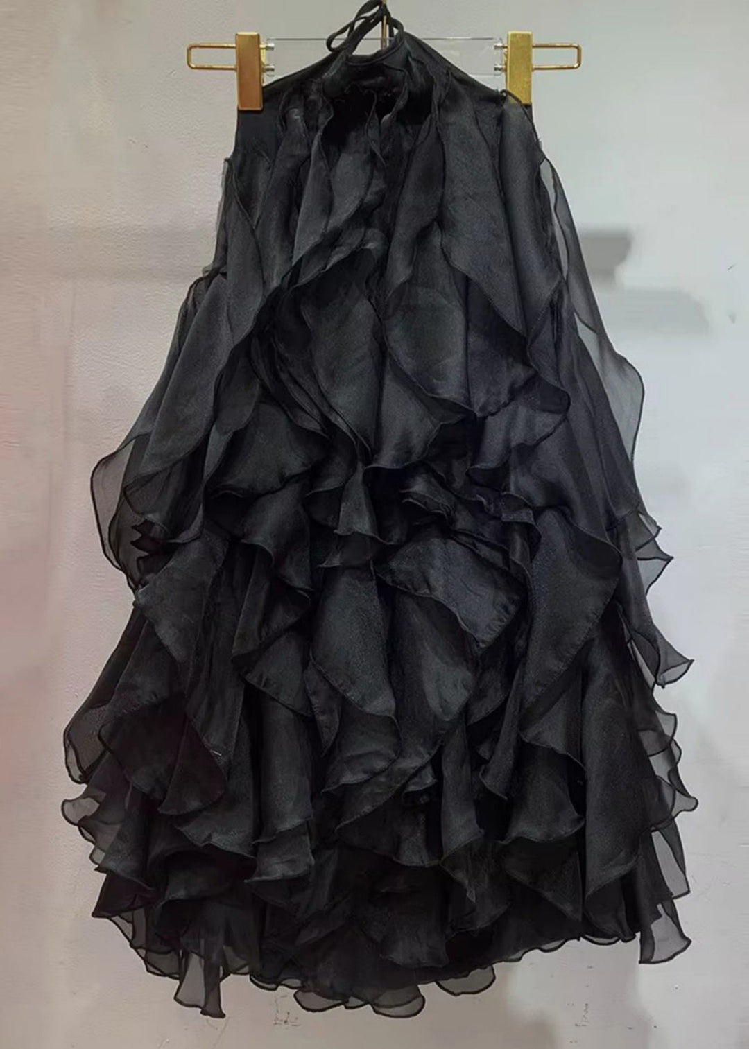 French Black Ruffled Solid Chiffon Mini Dress Sleeveless