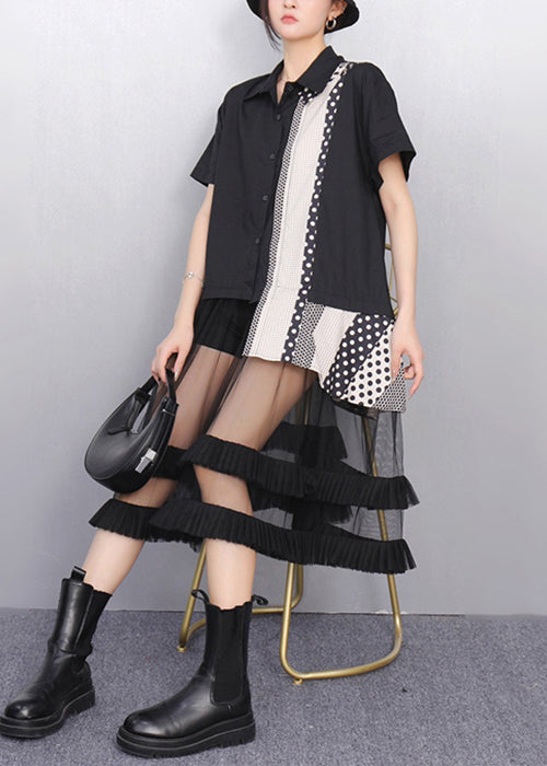 French Black Ruffled Tulle Patchwork Shirt Dress Summer