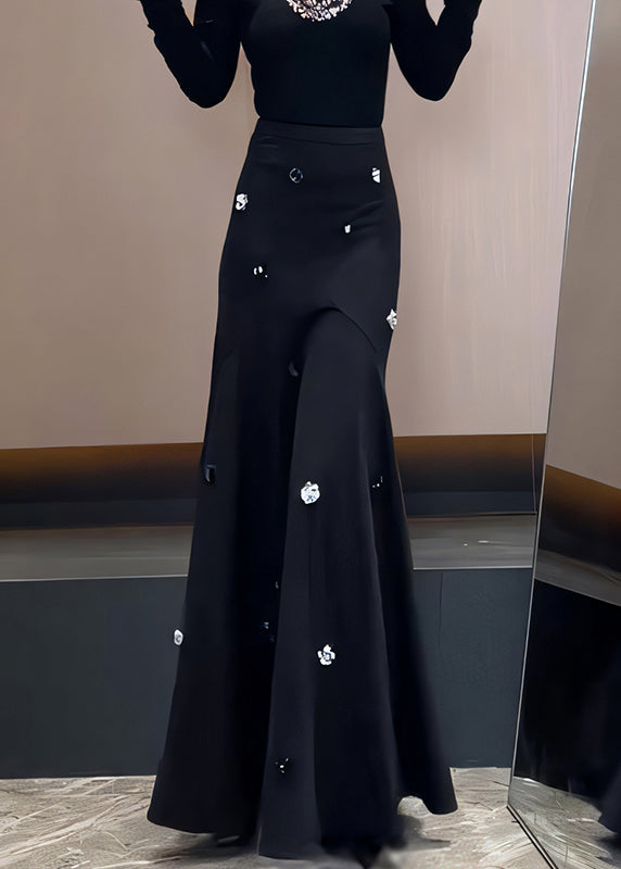 French Black Sequins High Waist Cotton Skirt Spring