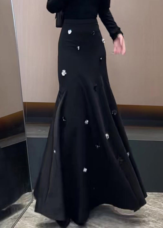 French Black Sequins High Waist Cotton Skirt Spring