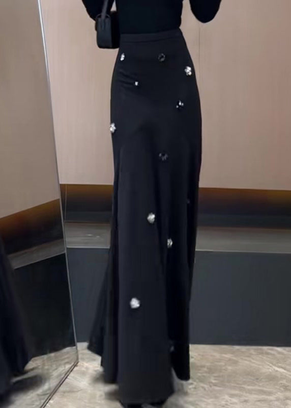 French Black Sequins High Waist Cotton Skirt Spring