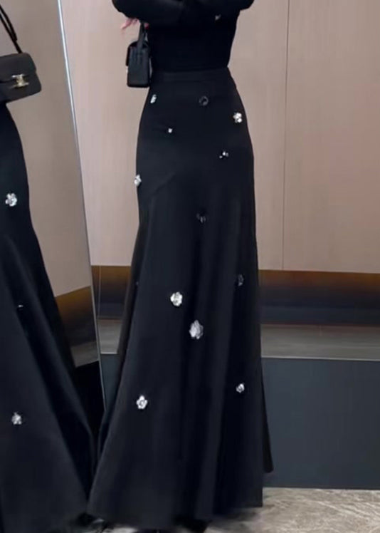 French Black Sequins High Waist Cotton Skirt Spring