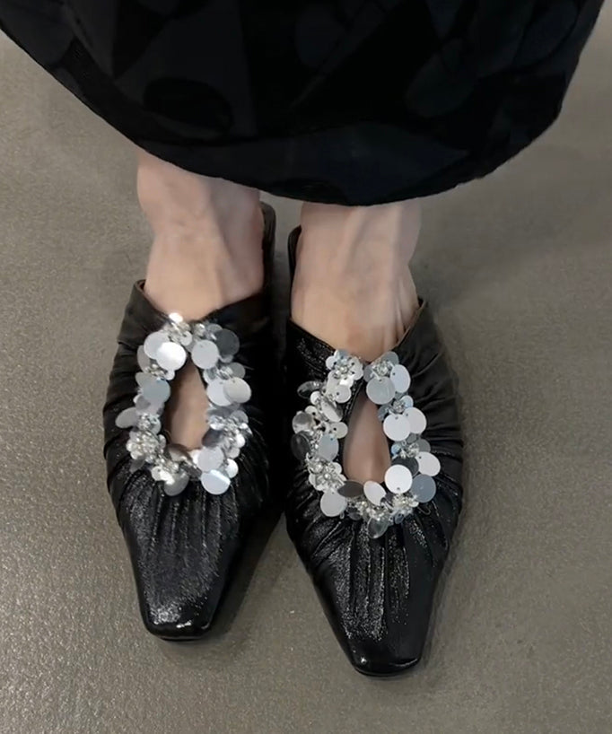 French Black Sequins Wrinkled Splicing Slide Sandals