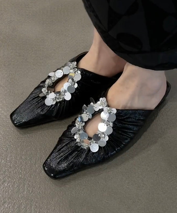 French Black Sequins Wrinkled Splicing Slide Sandals
