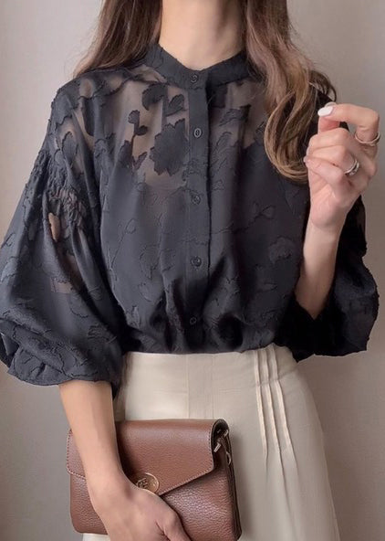 French Black Stand Collar Jacquard Chiffon Top Fall